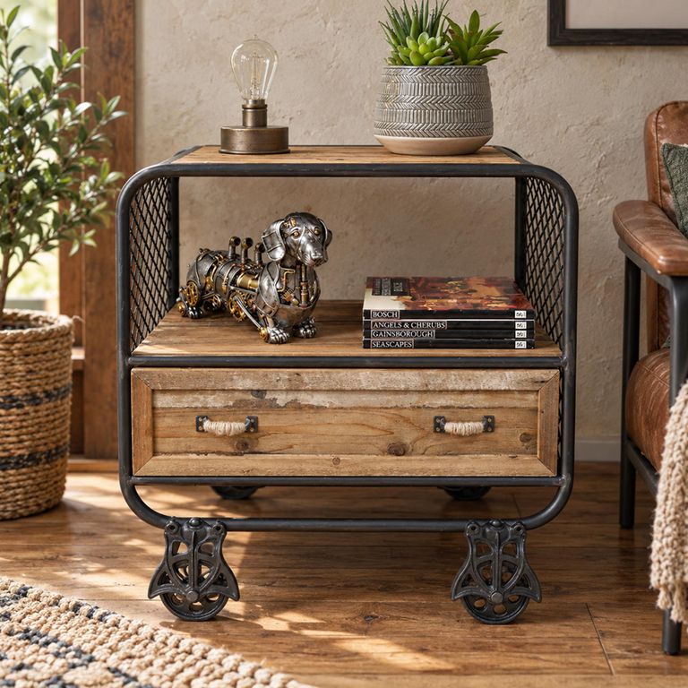 Rustic Wood 1 Drawer Cabinet with Wheels