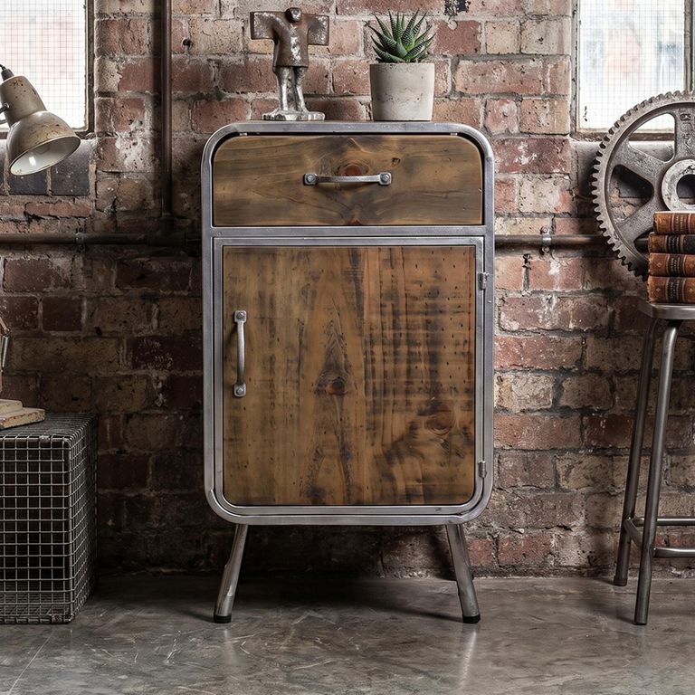 Industrial Distressed Wood and Metal 1 Door 1 Drawer Cabinet