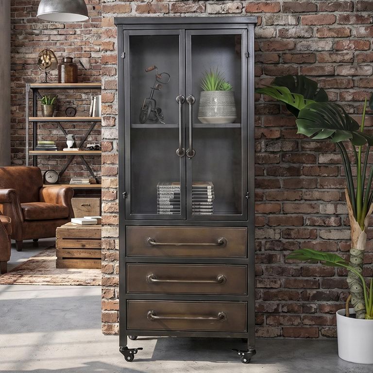 Industrial Bronze Metal and Glass 2 Door Cabinet