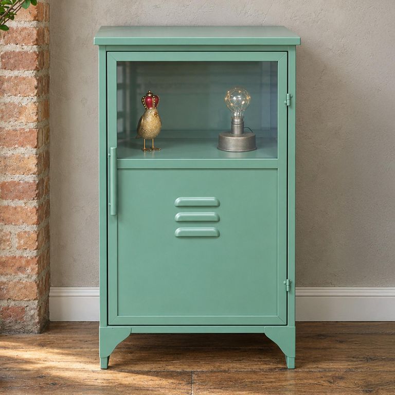 Storage 1 Door Cabinet Industrial Green Metal and Glass
