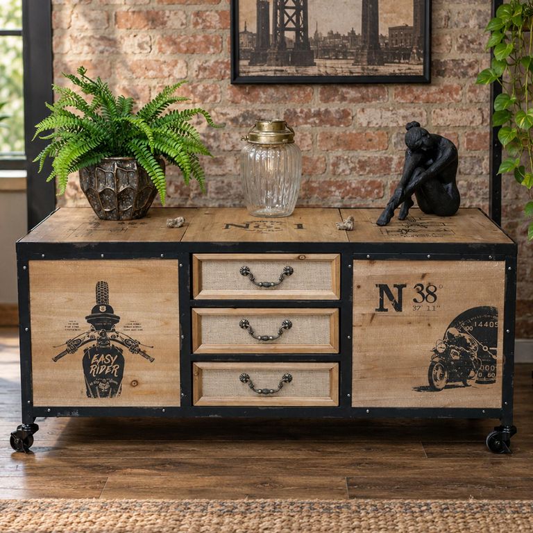 Trunk Storage 2 Door 3 Drawer Cabinet Industrial Wood and Metal