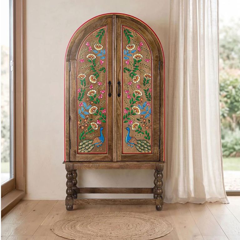 Silex Hand Painted Multi Colour Mango Wood Arched 2 Door Hall Cabinet