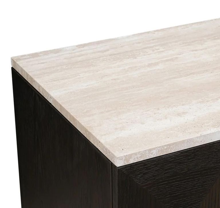 Claremont Dark Wood 2 Door Geometric Cabinet with Travertine Top