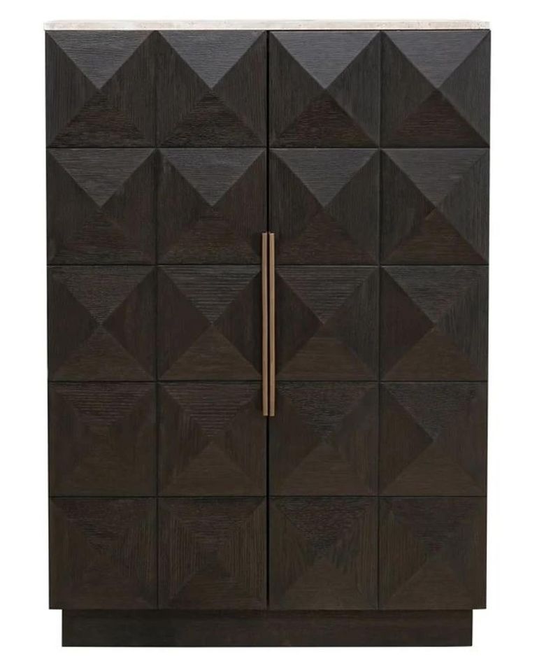 Claremont Dark Wood 2 Door Geometric Cabinet with Travertine Top