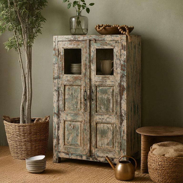 Distressed Hall Cabinet - 2 Door - Multi-Tone - Glass and Wood
