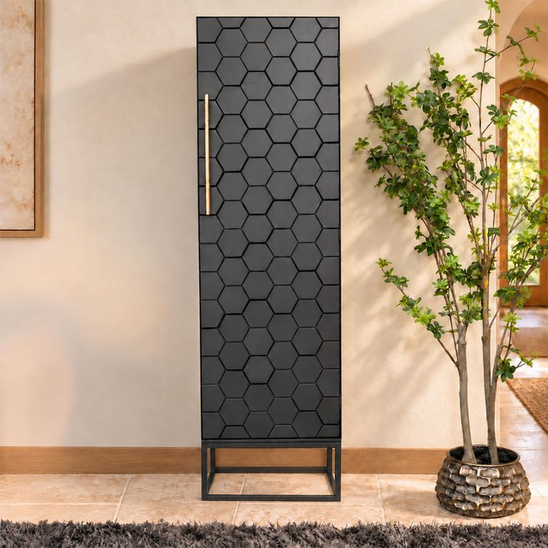 Black Metal and Wood 1 Door Tall Hall Cabinet