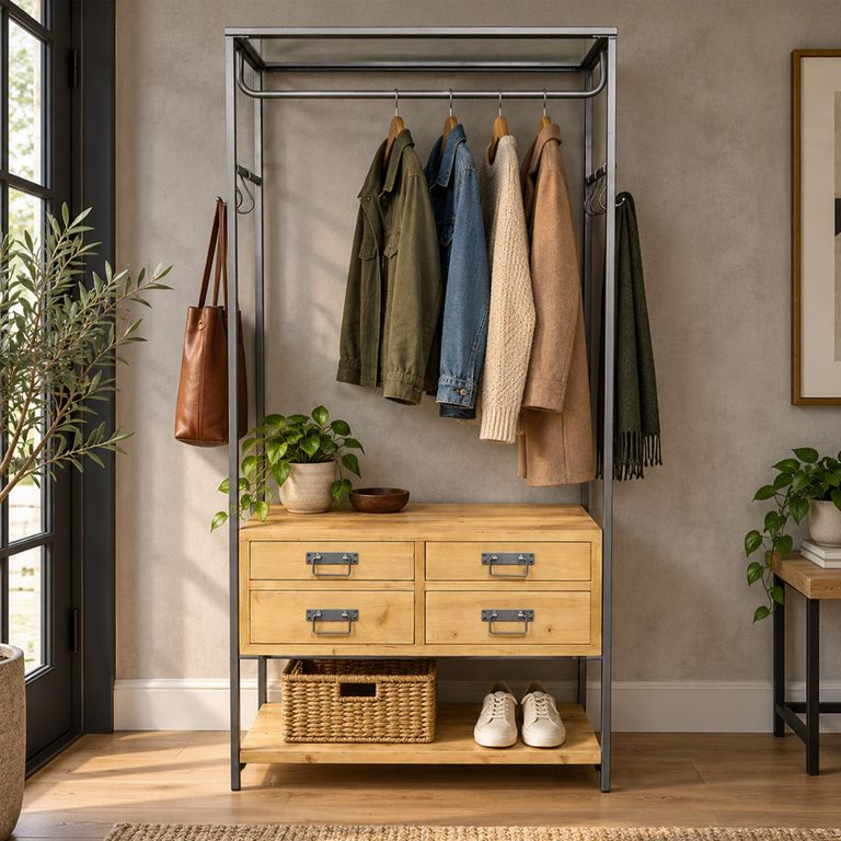 Wood and Metal 4 Drawer Hall Stand