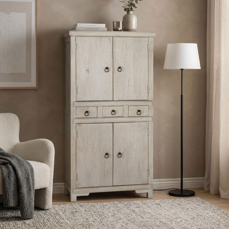 Lumen Distressed White Washed Mango Wood 2 Door 3 Drawer Hall Cabinet
