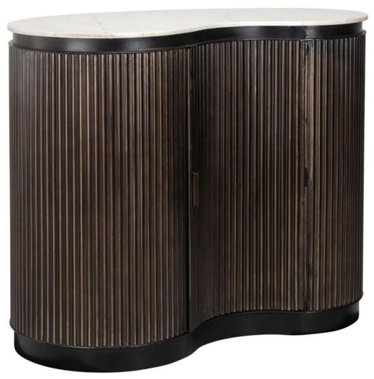Mayfield White Marble Top 1 Door Bar Cabinet - Dark Wood Fluted Base