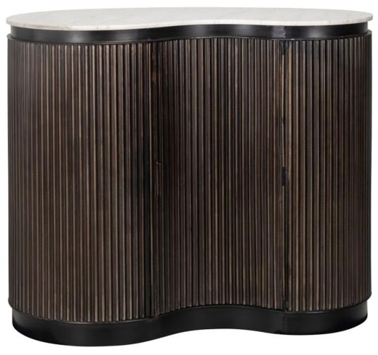 Mayfield White Marble Top 1 Door Bar Cabinet - Dark Wood Fluted Base