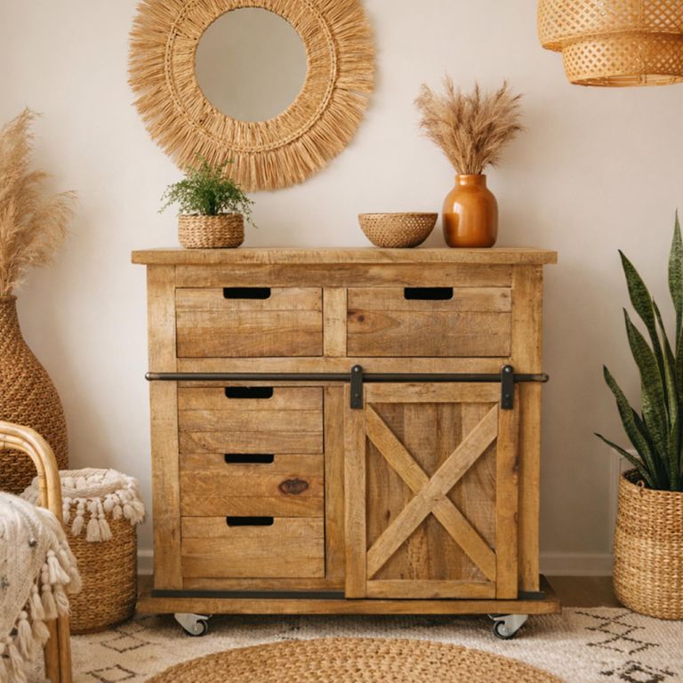 Sliding Door Cabinet - Industrial - Rustic Mango Wood