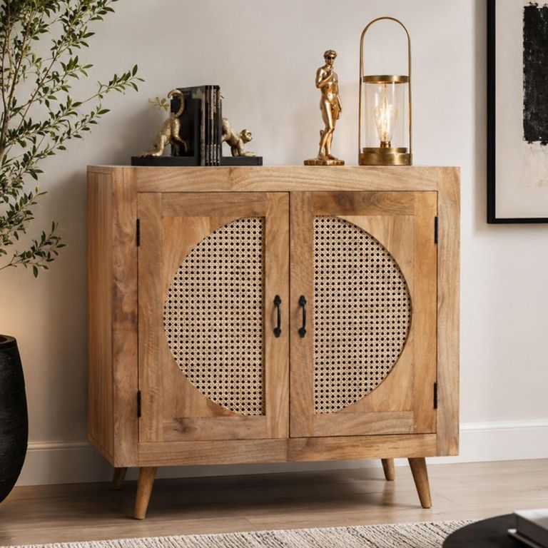 Acacia Wood and Rattan Storage 2 Door Cabinet