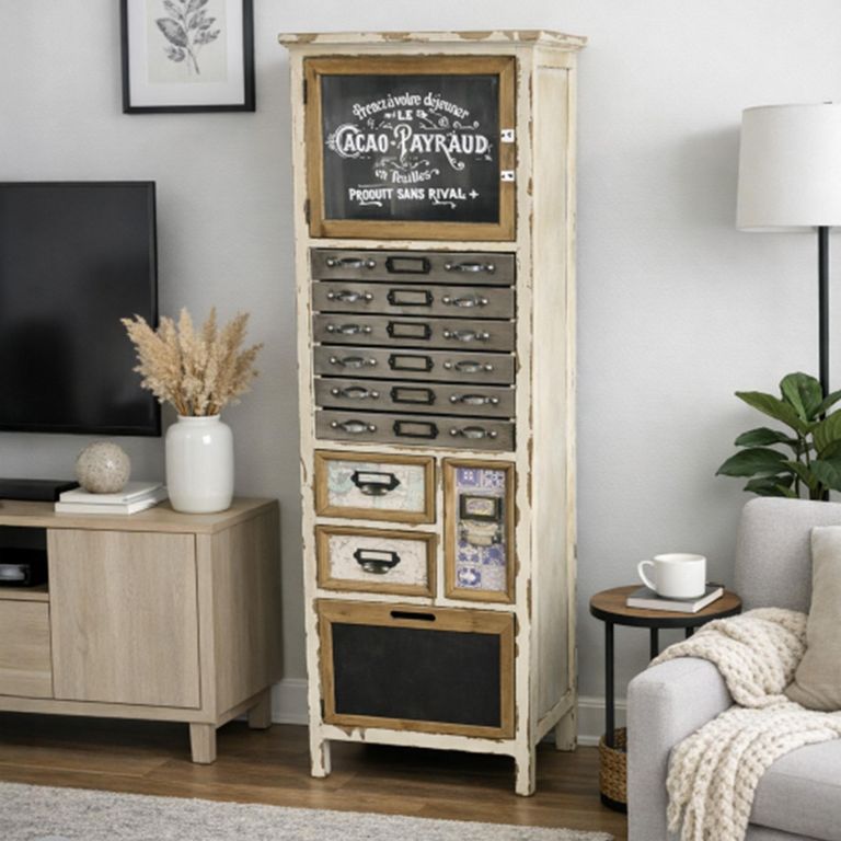 Storage 1 Door 7 Drawer Cabinet White Distressed Multi Drawer