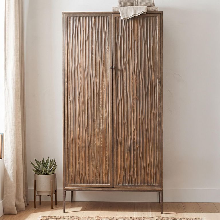 Tacca Carved Cabinet - 2 Door - Brown - Distressed Wood and Metal