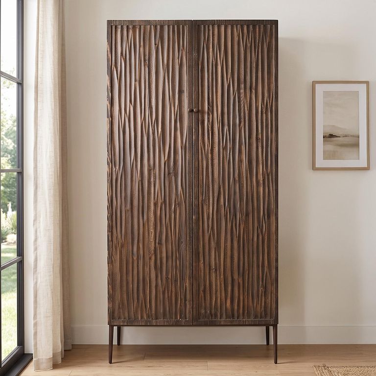 Tacca Carved Cabinet - 2 Door - 2 Drawer - Brown - Distressed Wood and Metal