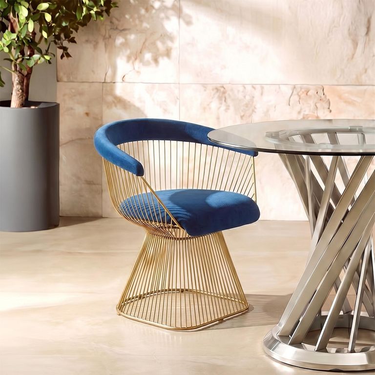 Anzio Chair - Navy Blue Velvet Fabric with Brushed Gold Base