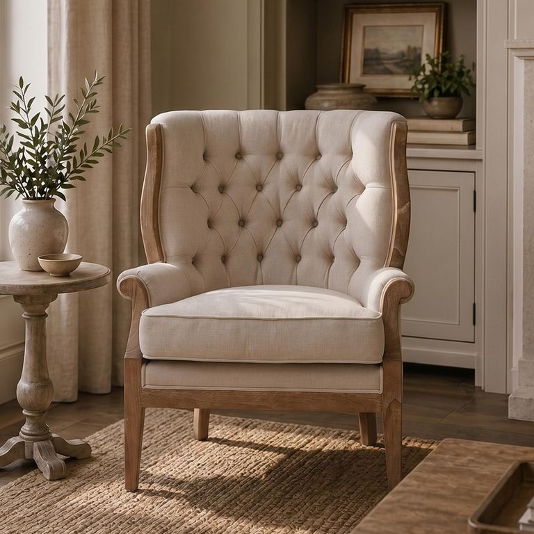 Cabra Armchair - Cream Fabric with Mahogany Wood