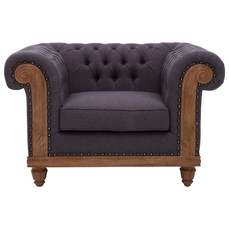Cabra Chesterfield Armchair - Graphite Grey Fabric with Mahogany Wood