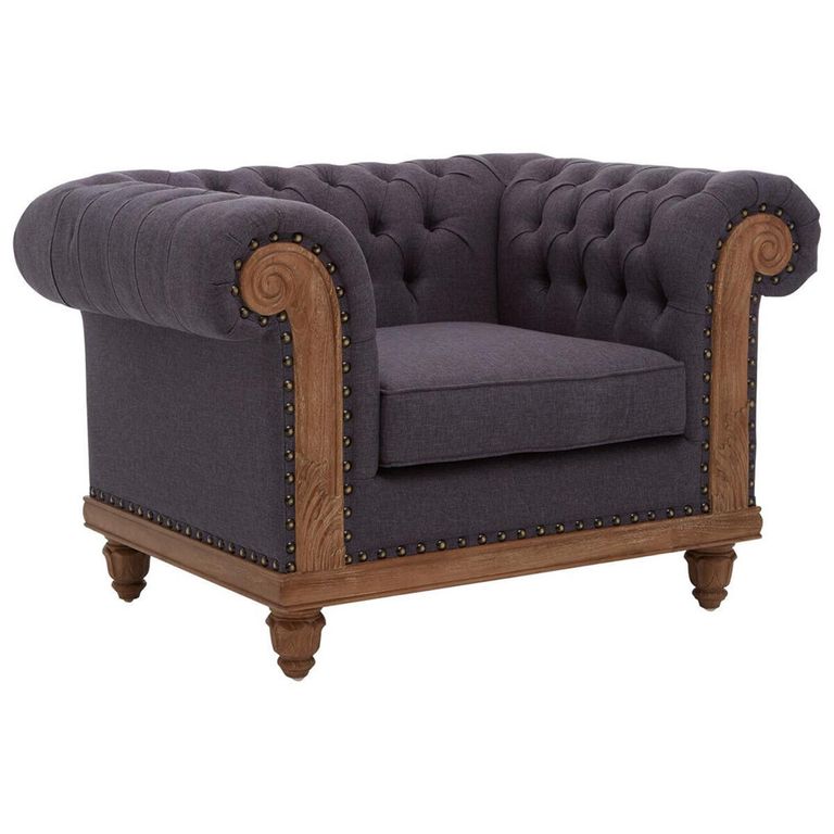 Cabra Chesterfield Armchair - Graphite Grey Fabric with Mahogany Wood