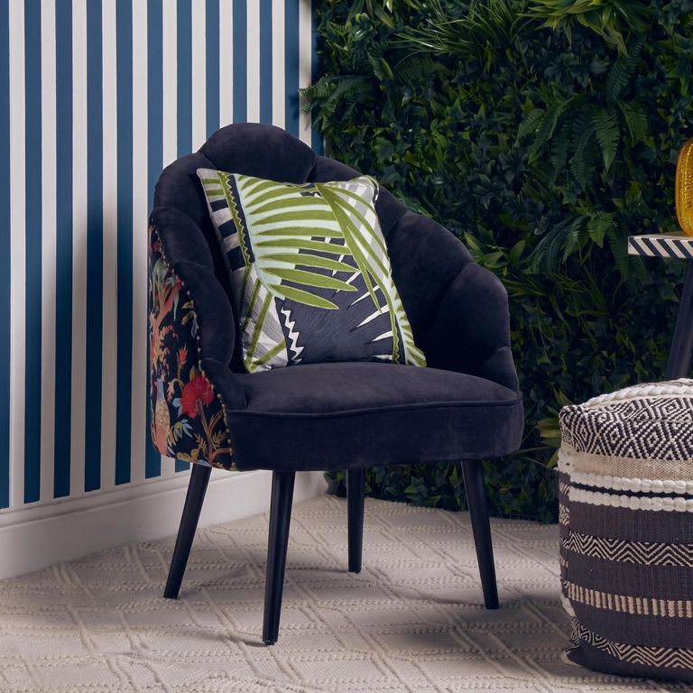 Cefena Chair - Scalloped - Black Fabric with Peacock Design