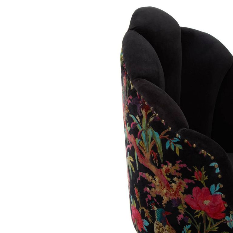 Cefena Chair - Scalloped - Black Fabric with Peacock Design