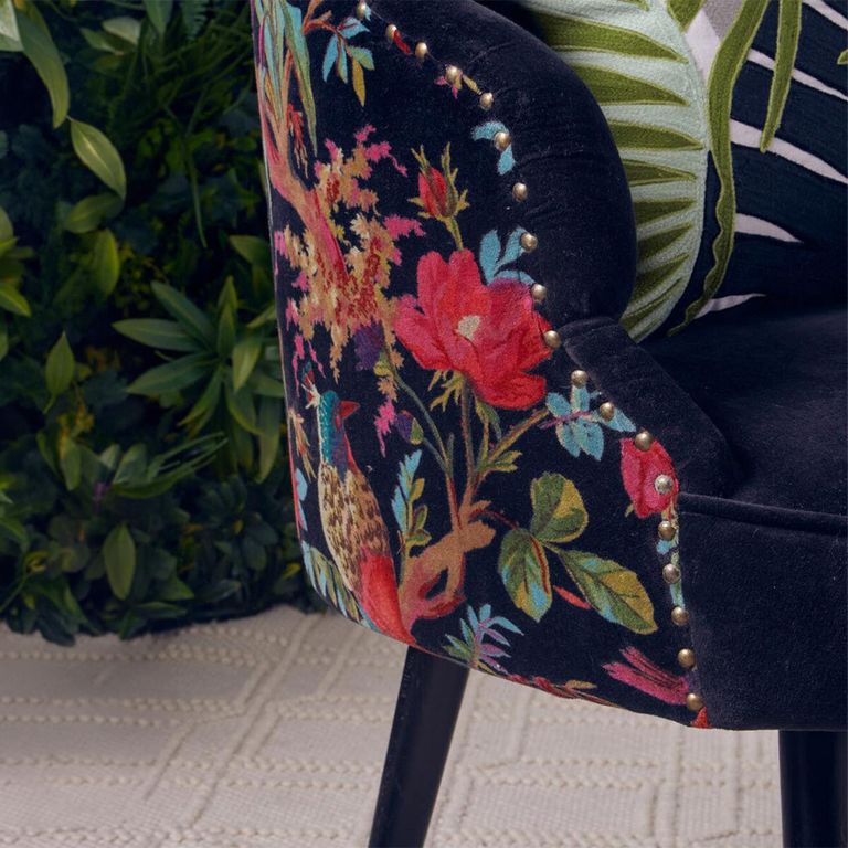 Cefena Chair - Scalloped - Black Fabric with Peacock Design