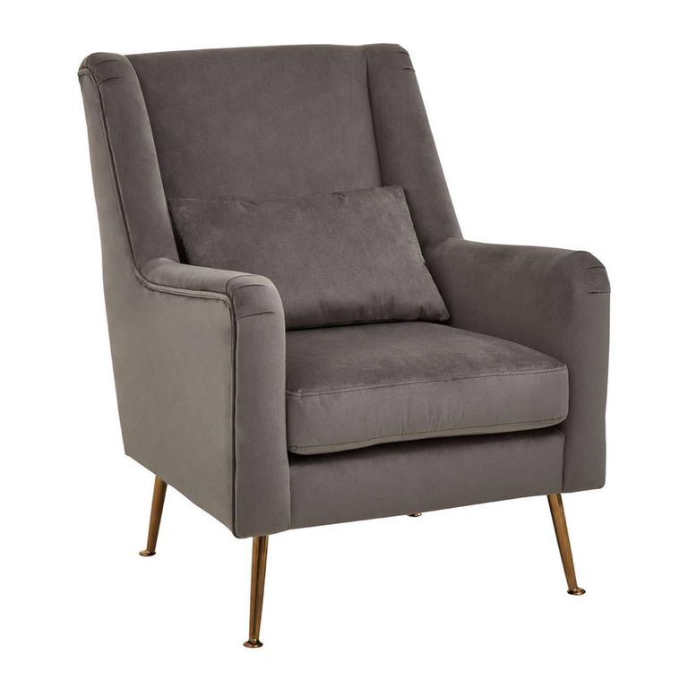 Doucet Armchair - Grey Velvet Fabric with Gold Legs