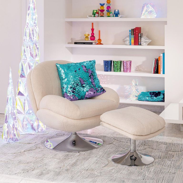 Lay Swivel Relax Chair - Footstool - Cream - Fabric and Metal
