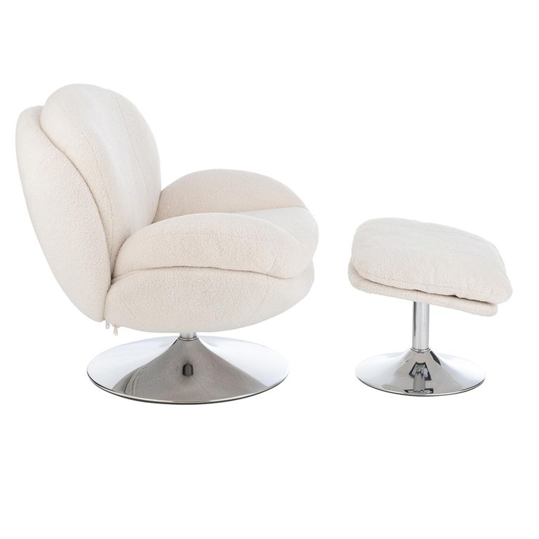 Lay Swivel Relax Chair - Footstool - Cream - Fabric and Metal