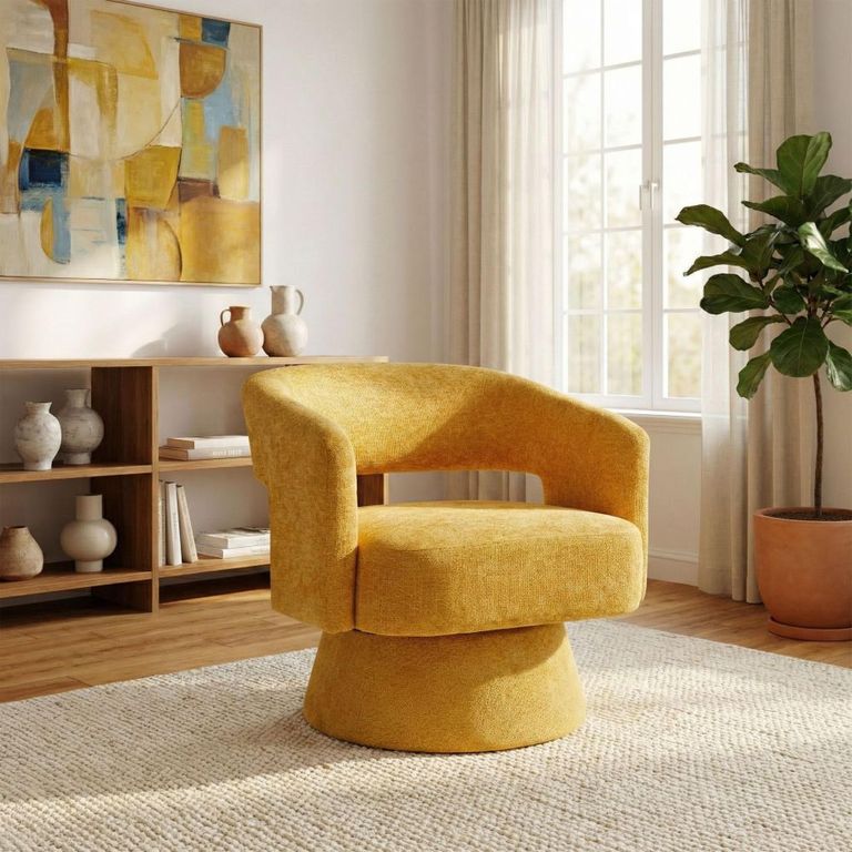 Orla Swivel Accent Chair - Curved Back - Ochre - Fabric