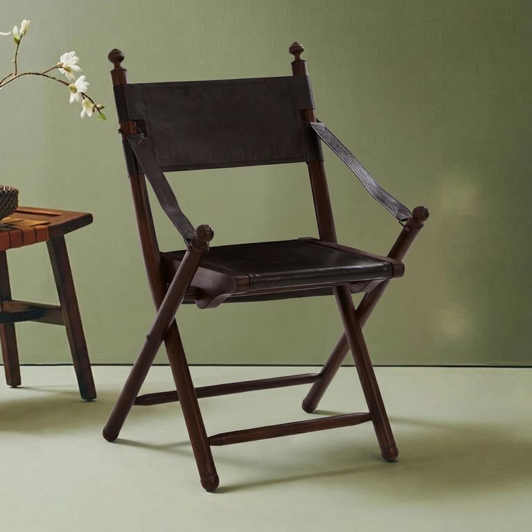 Inca Chair - Black Leather with Teak Wood - Folding