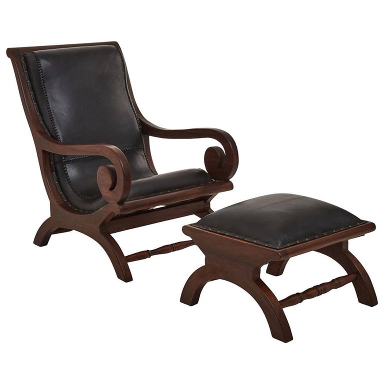 Inca Chair - Black Leather with Teak Wood - Lounge with Footstool