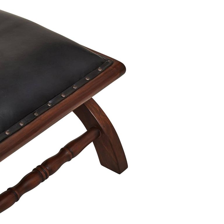Inca Chair - Black Leather with Teak Wood - Lounge with Footstool