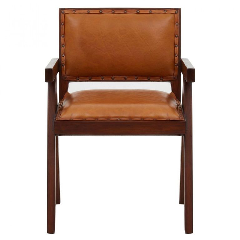 Inca Chair - Brown Leather with Teak Wood - Large Angular