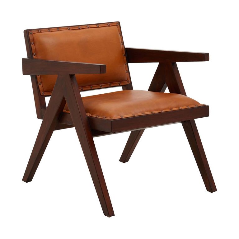 Inca Chair - Brown Leather with Teak Wood - Small Angular