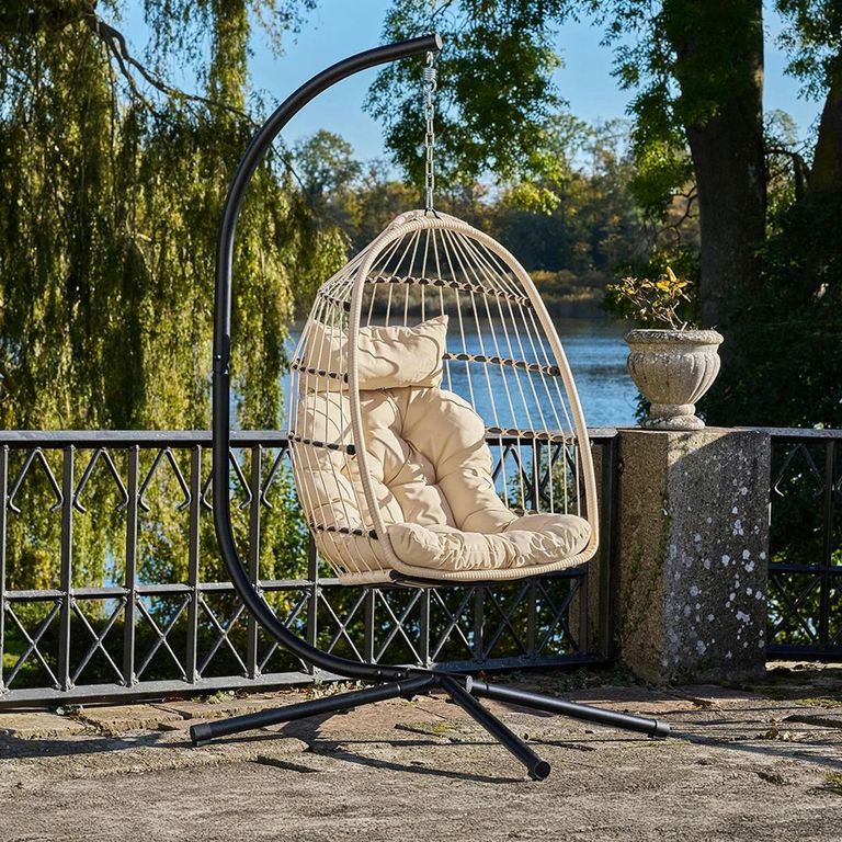 Patras Outdoor Hanging Chair - Beige and Black - Rattan and Metal