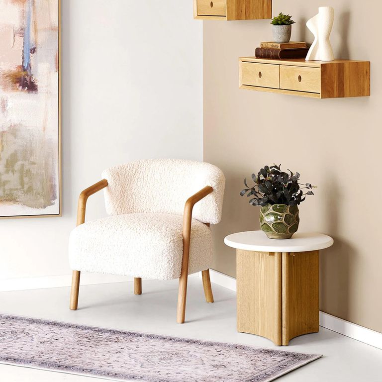 Dakar Lounge Armchair - Curved Back - Beige and Natural - Fabric and Rubberwood