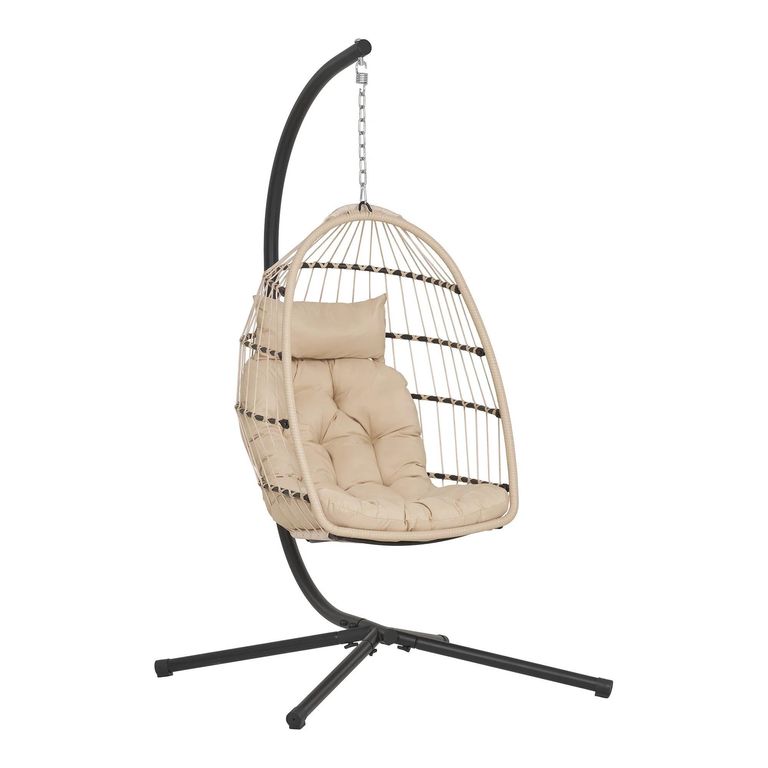 Patras Outdoor Hanging Chair - Beige and Black - Rattan and Metal