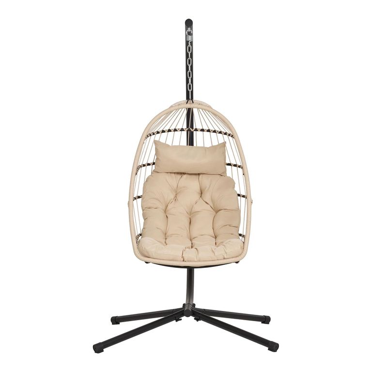 Patras Outdoor Hanging Chair - Beige and Black - Rattan and Metal