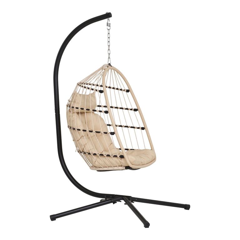 Patras Outdoor Hanging Chair - Beige and Black - Rattan and Metal