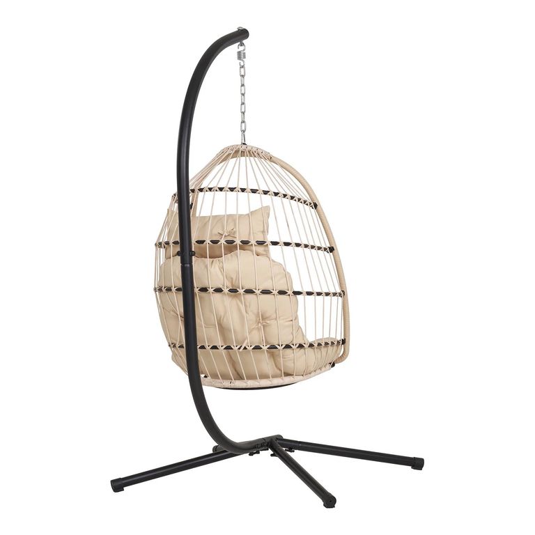 Patras Outdoor Hanging Chair - Beige and Black - Rattan and Metal