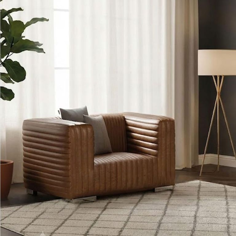 Kabir Cognac Brown Leather Ribbed Armchair