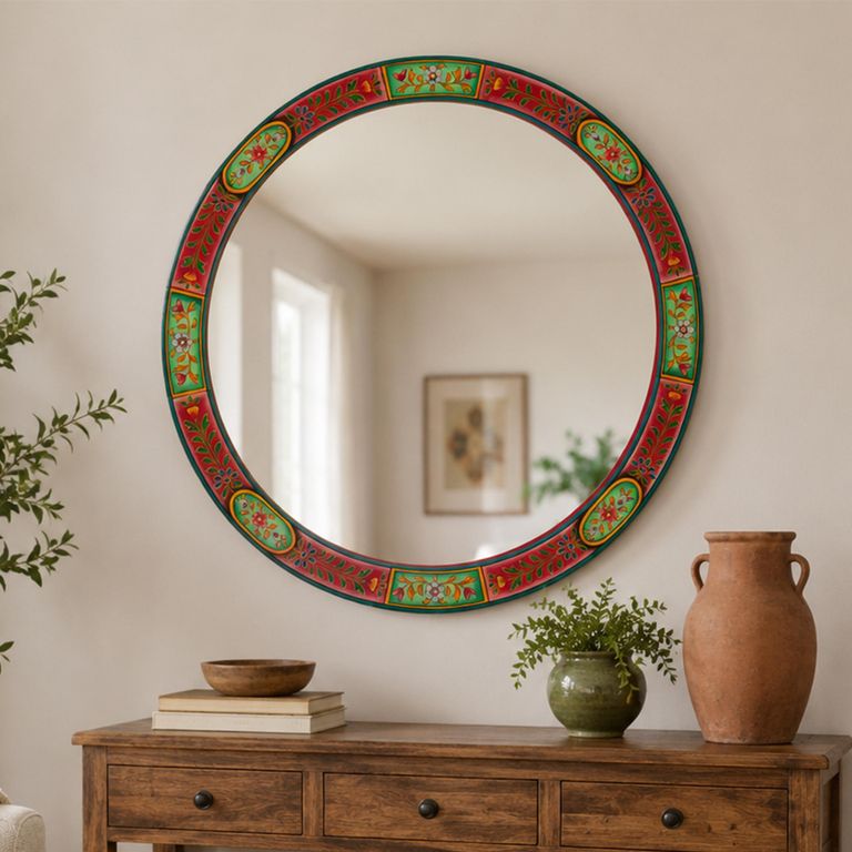 Mumbai Painted Wall Mirror - Round - Multi Coloured - Wood - 75cm x 3cm