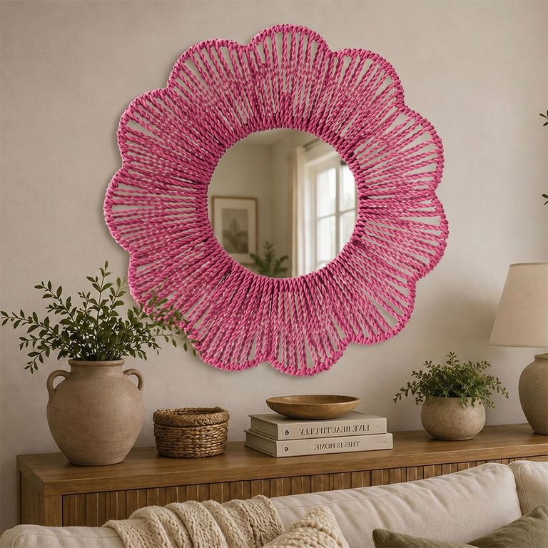 Wall Mirror - Round - Dark Pink - Raffia - 50cm x 10cm
