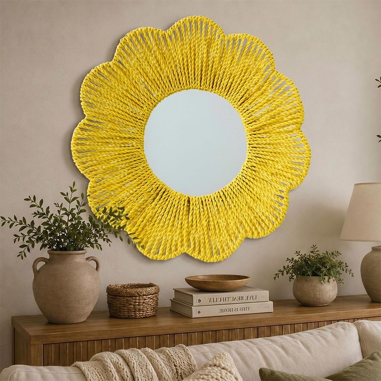 Wall Mirror - Round - Yellow - Raffia - 50cm x 10cm