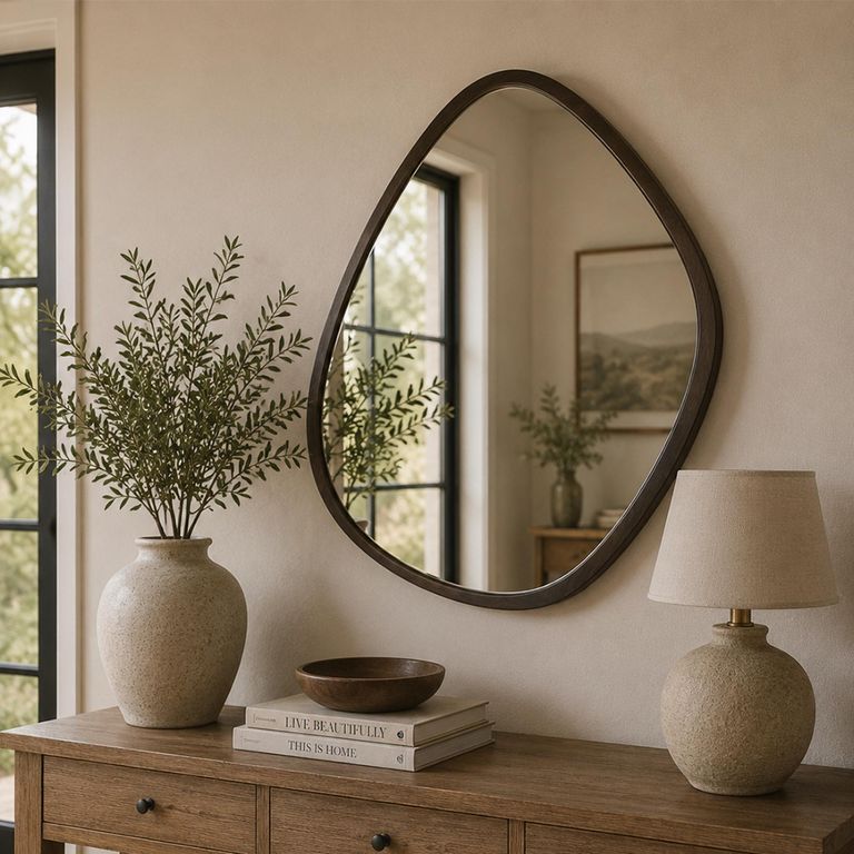 Hanging Wall Mirror - Abstract - Small - Dark Brown - Wood - 70cm x 61cm
