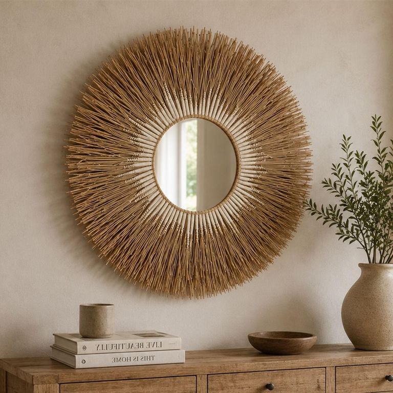 Melissa Straw Wall Mirror - Round - Natural and White - Raffia - 101cm x 2.5cm