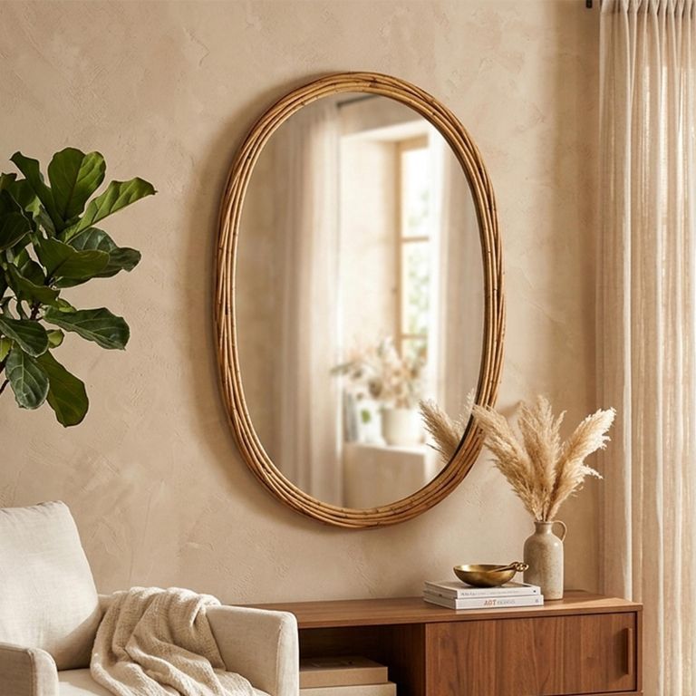 Wall Mirror - Oval - Natural - Glass and Wood - 61.5cm x 95cm