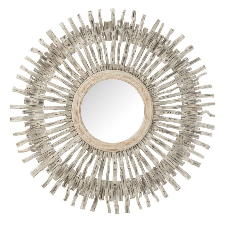 Sun Wall Mirror - Round - White Washed - Wood - 100cm x 3cm