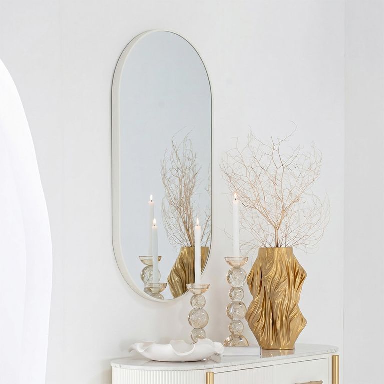 Wall Mirror - Oval - White - Glass and Metal - 50cm x 100cm